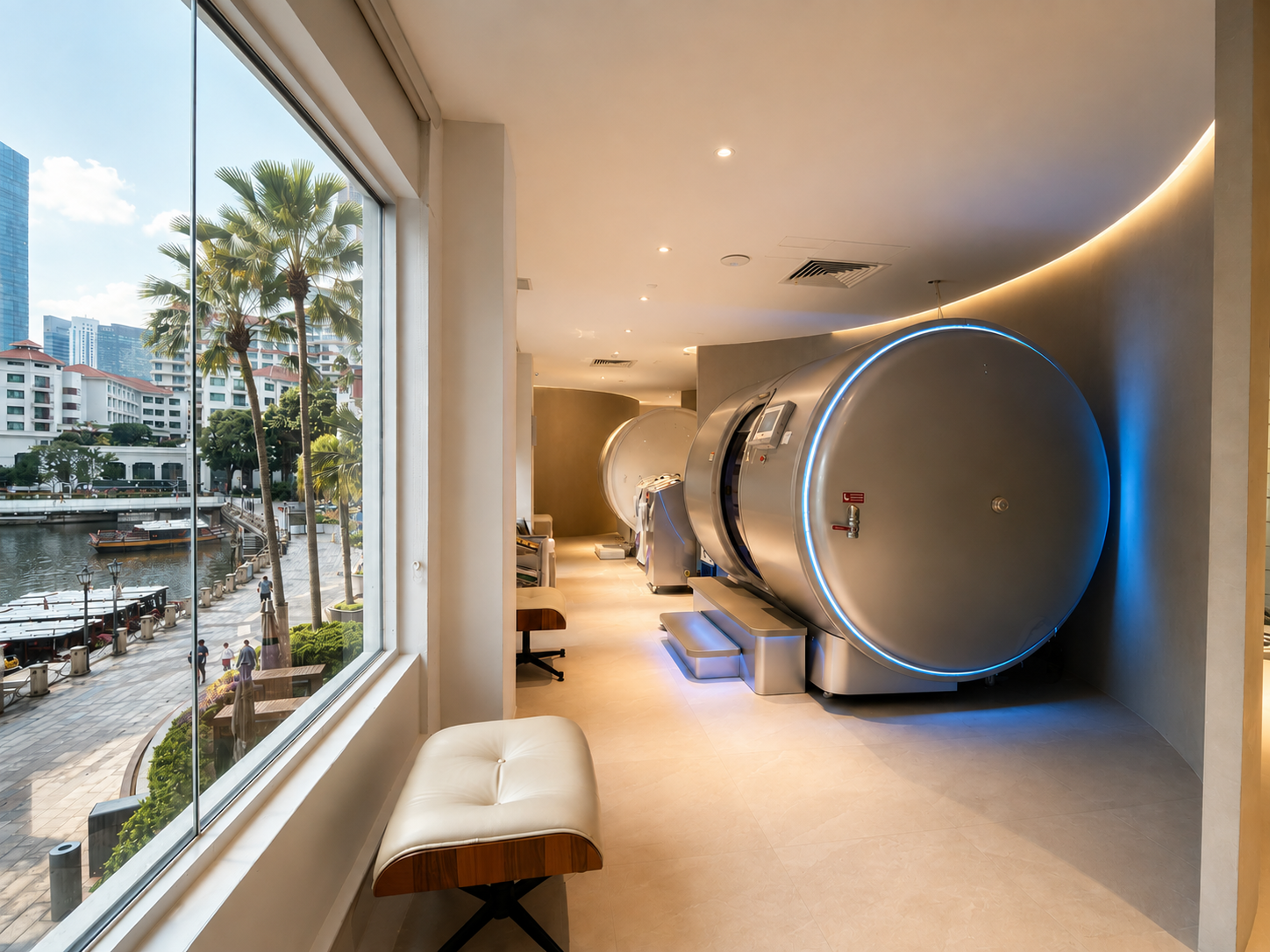 Interior of a premium hyperbaric oxygen therapy chamber at O2 Lab