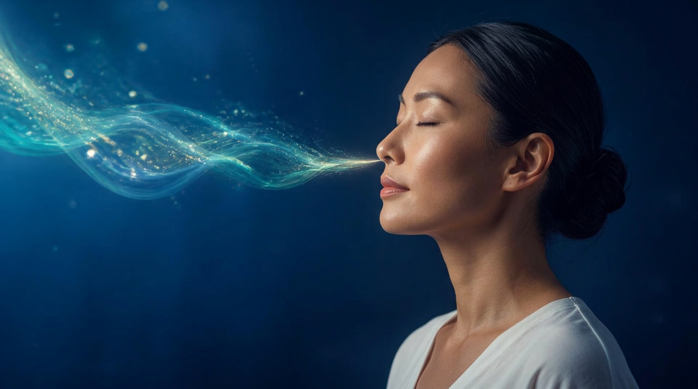 A woman calmly breathing as a ribbon of light symbolising oxygen flows toward her